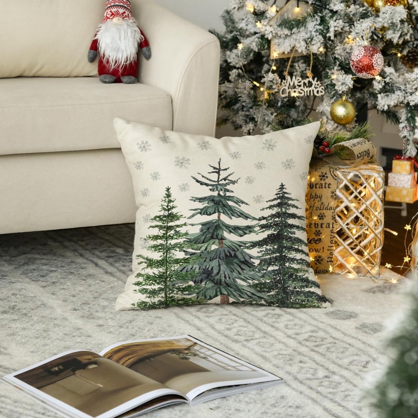 AVOIN colorlife Christmas Trees Snowflake Throw Pillow Cover, 18 x 18 Inch Winter Holiday Cushion Case Decoration for Sofa Couch