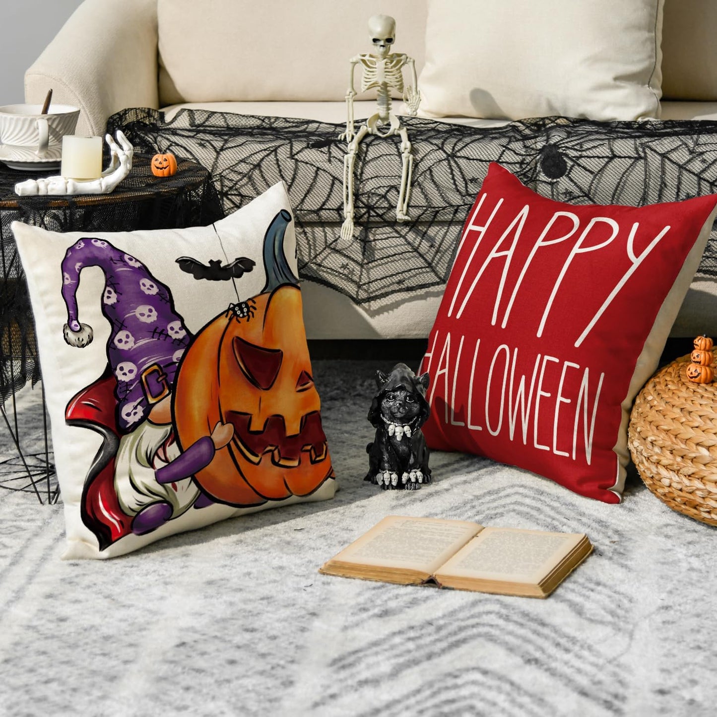 AVOIN colorlife Happy Halloween Trick or Treat Throw Pillow Covers, 18 x 18 Inch Jack o' Lantern Gnome Pillow Cases Decoration for Home Sofa Couch