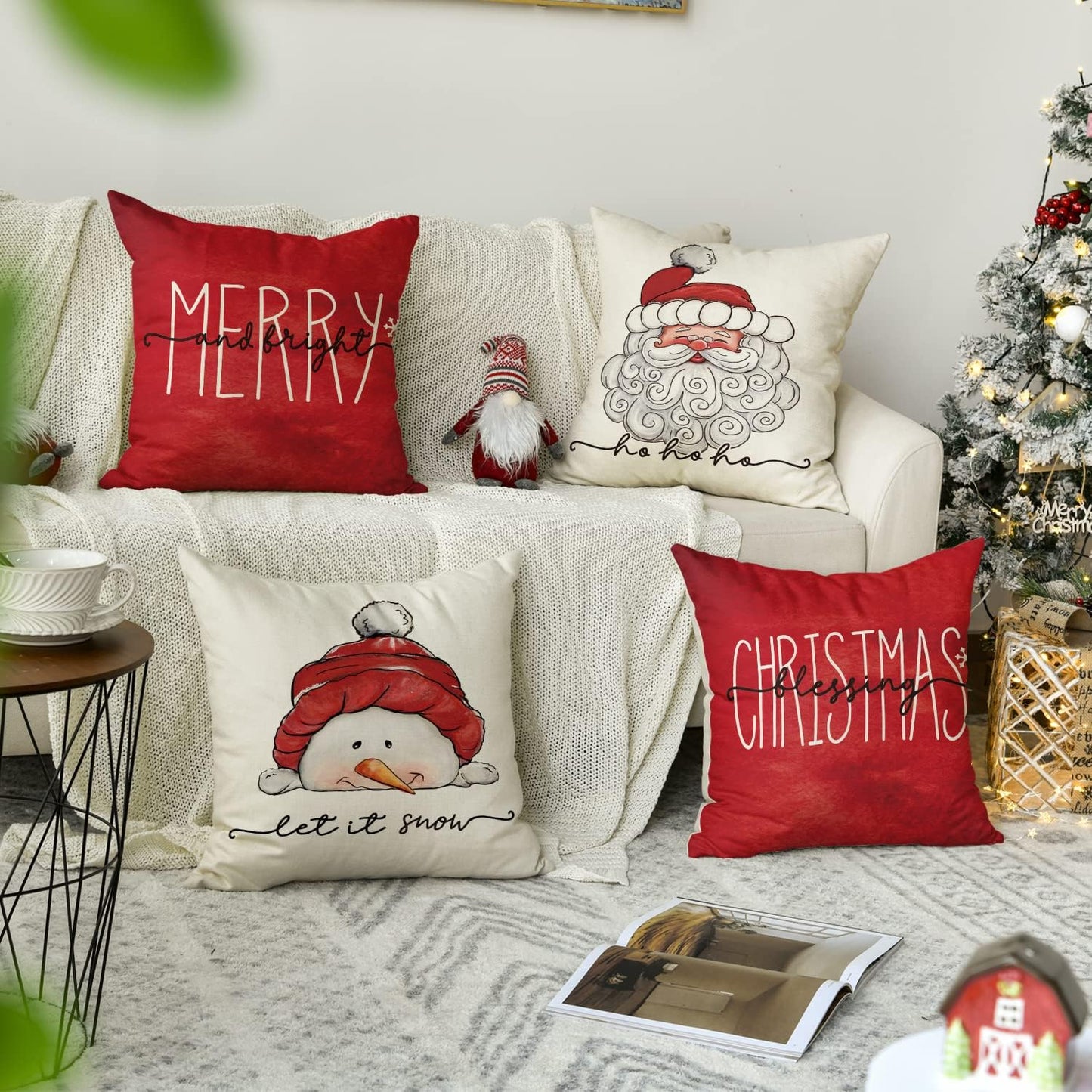 AVOIN colorlife Christmas Blessing Santa Claus Snowman Throw Pillow Covers, 18 x 18 Inch Winter Holiday Cushion Case Decoration for Sofa Couch Set of 4