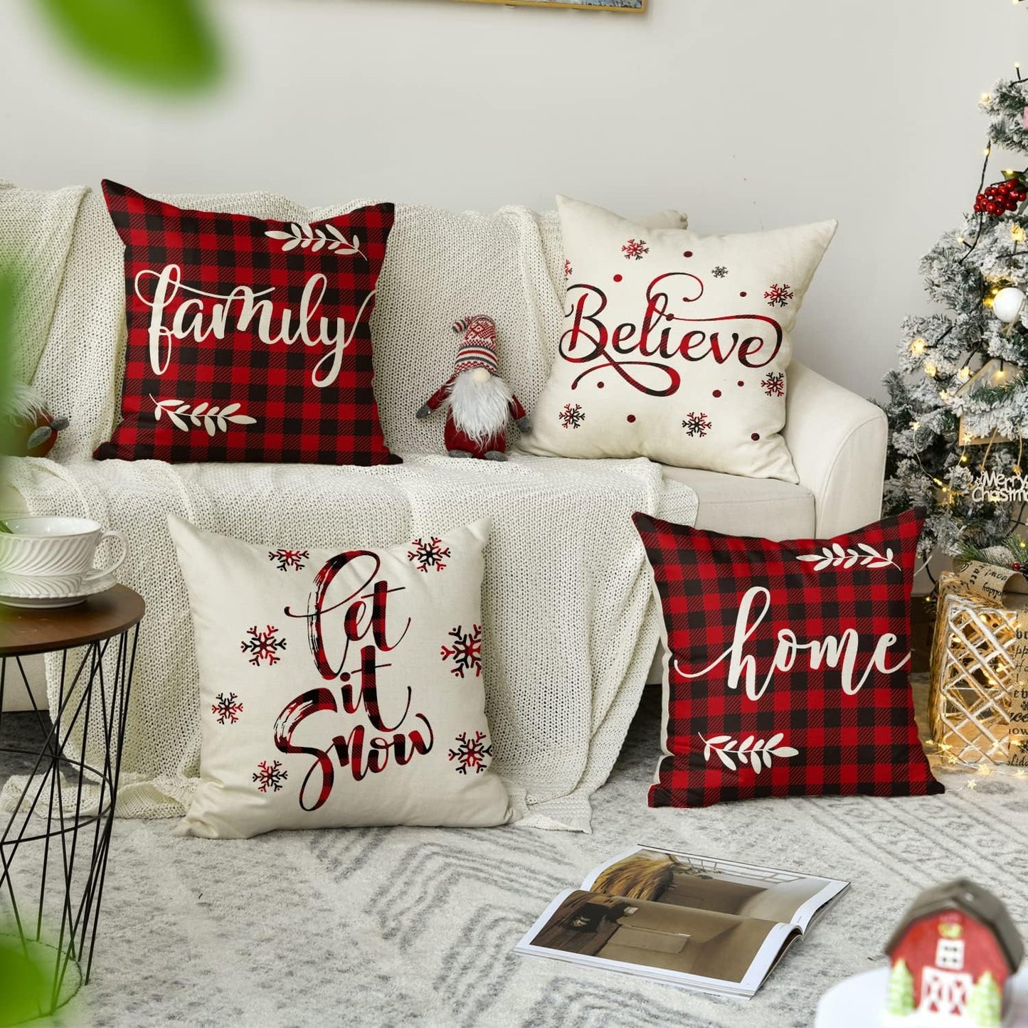 AVOIN Christmas Saying Buffalo Plaid Throw Pillow Cover, 18 x 18 Inch Winter Holiday Farmhouse Cushion Case for Sofa Couch Set of 4