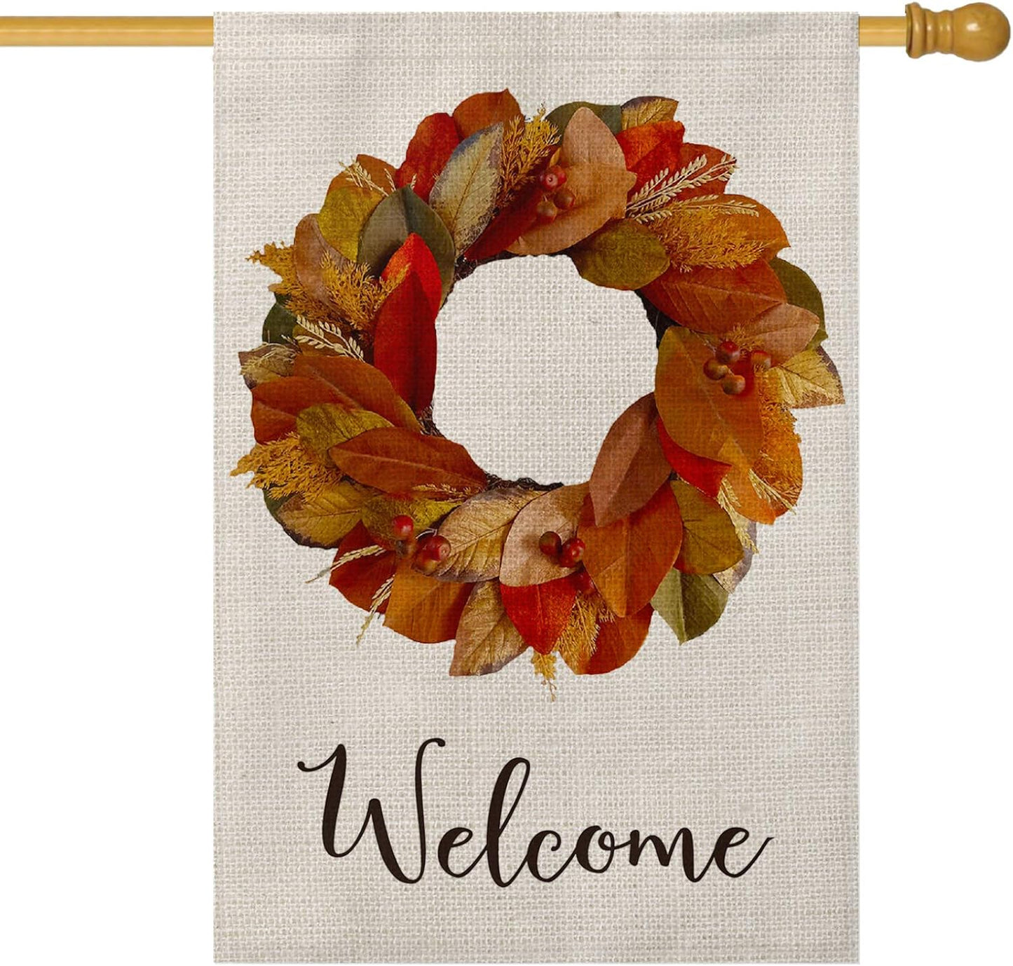 AVOIN Blooming Fall Magnolia Leaf Wreath Welcome House Flag Vertical Double Sized, Seasonal Autumn Thanksgiving Yard Outdoor Decoration 28 x 40 Inch