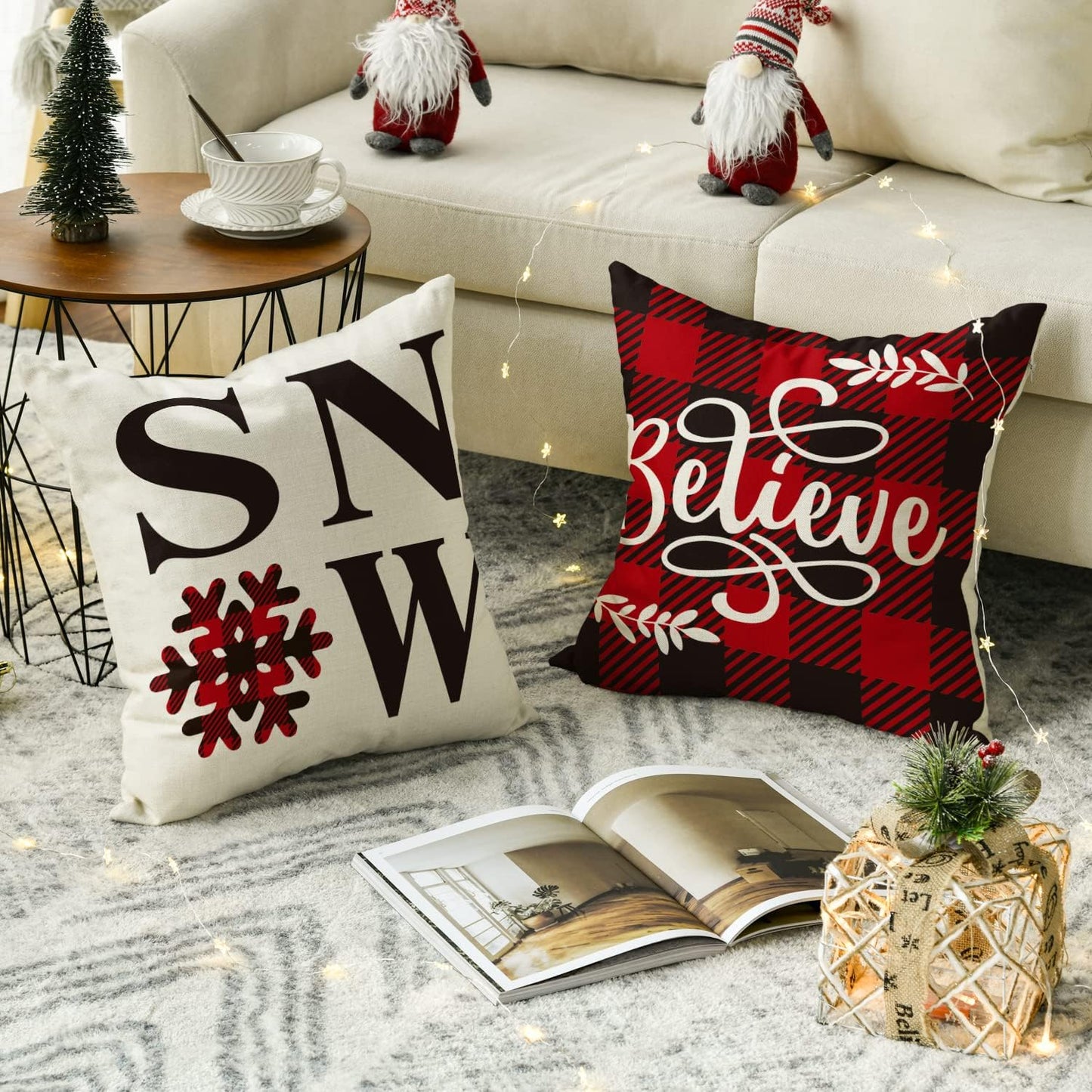 AVOIN Buffalo Plaid Believe Joyful Home Snow Throw Pillow Cover, 18 x 18 Inch Christmas Winter Holiday Snowflake Cushion Case Decoration for Sofa Couch Set of 4