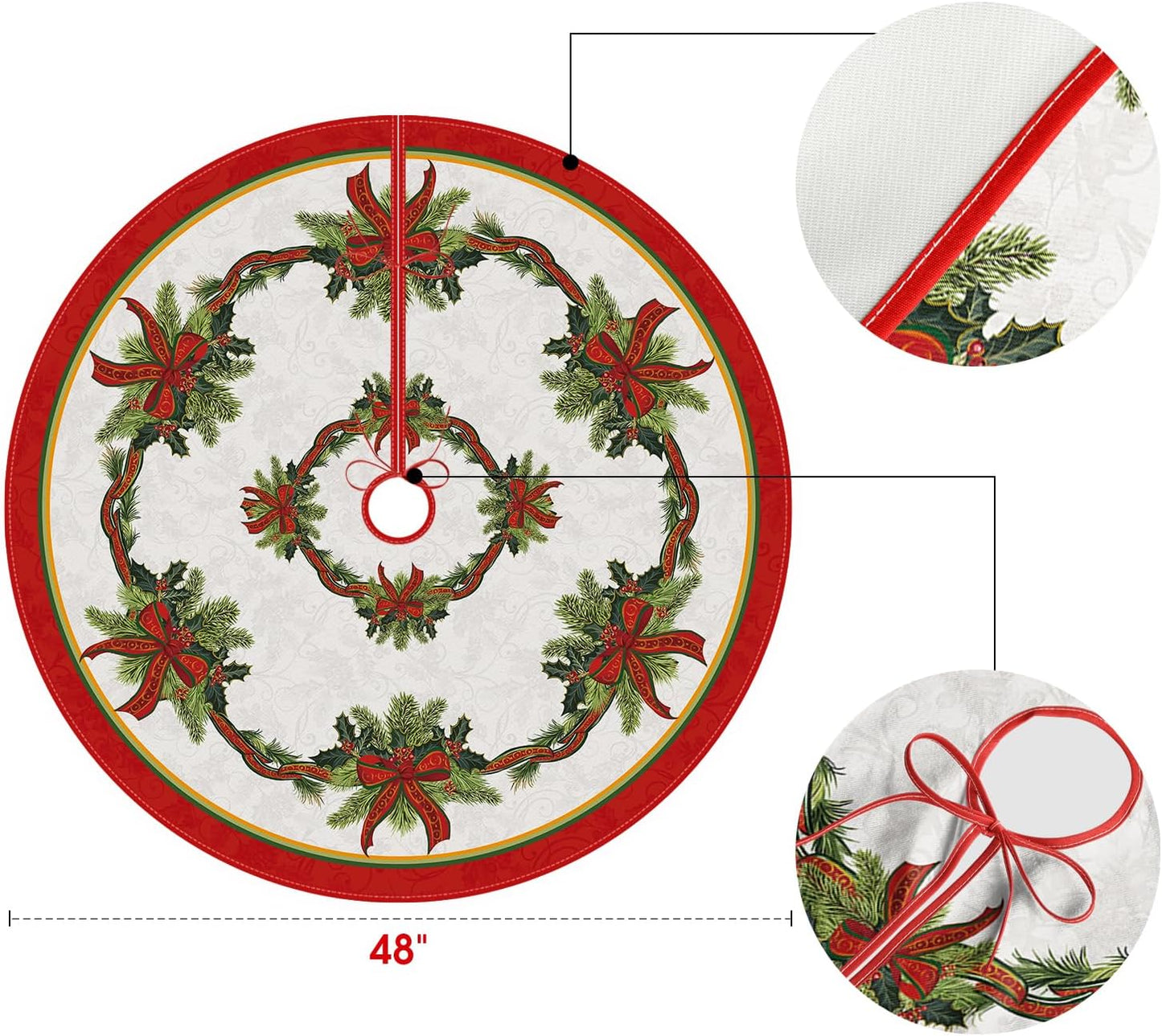 AVOIN colorlife Christmas Tree Skirt 48 Inch, Christmas Ribbon Holly Winter Holiday Tree Mat Decoration