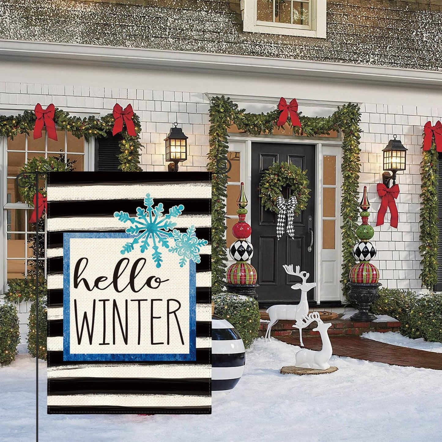 AVOIN Watercolor Stripe Hello Winter Snowflake Garden Flag 12 x 18 Inch Double Sided, Christmas Holiday Party Yard Outdoor Decorative Flag