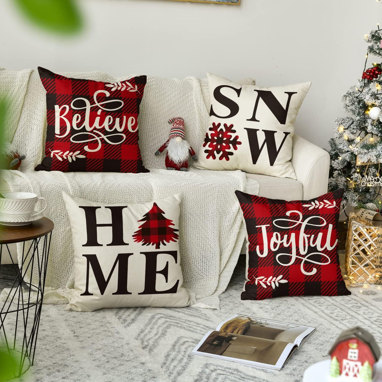 AVOIN Buffalo Plaid Believe Joyful Home Snow Throw Pillow Cover, 18 x 18 Inch Christmas Winter Holiday Snowflake Cushion Case Decoration for Sofa Couch Set of 4