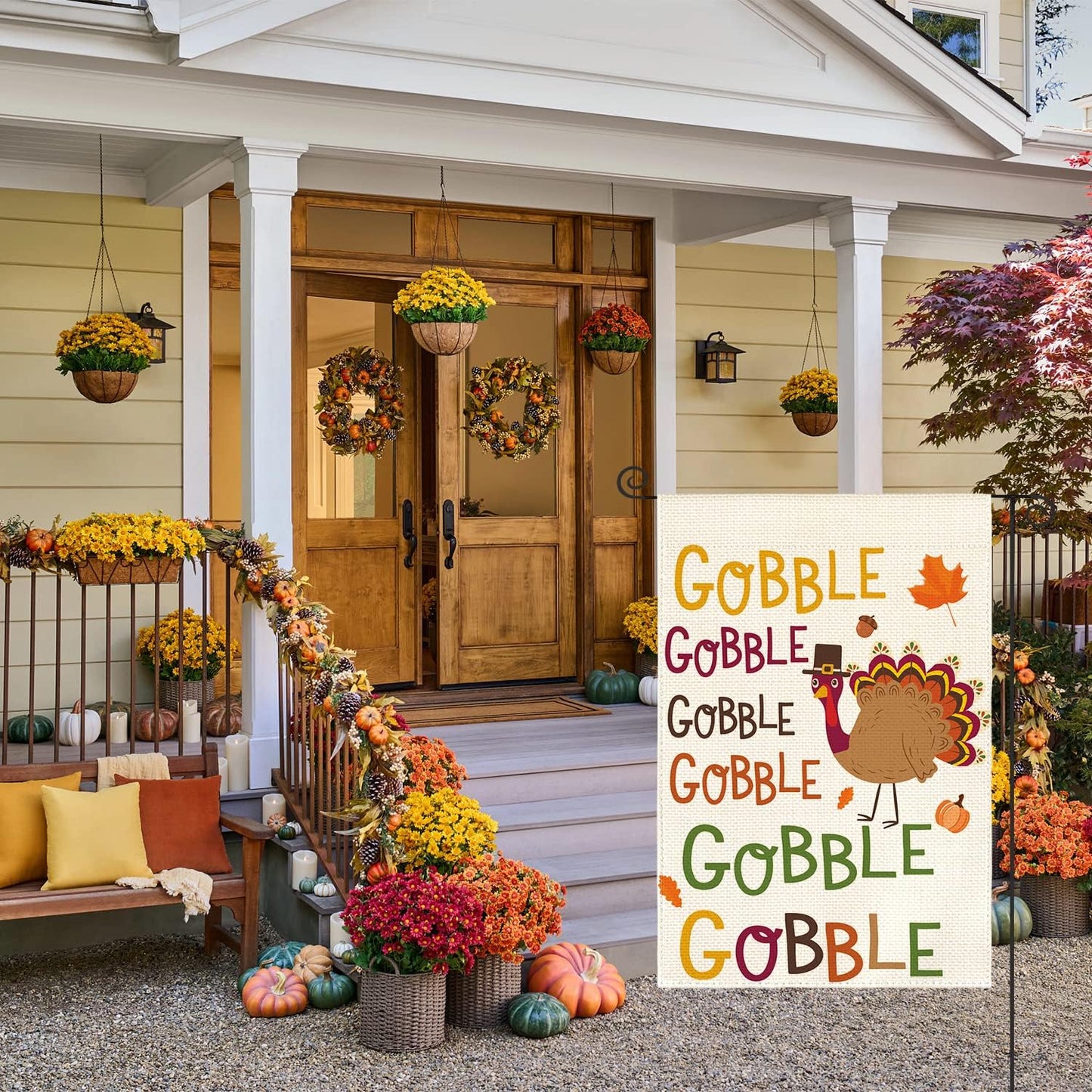 AVOIN colorlife Gobble Gobble Turkey Garden Flag 12 x 18 Inch Double Sided, Fall Thanksgiving Yard Outdoor Decorative Flag