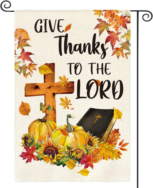 AVOIN colorlife Fall Thanksgiving Give Thanks to The Lord Garden Flag 12 x 18 Inch Double Sided, Pumpkin Maple Leaf Harvest Holiday Yard Outdoor Decorative Flag