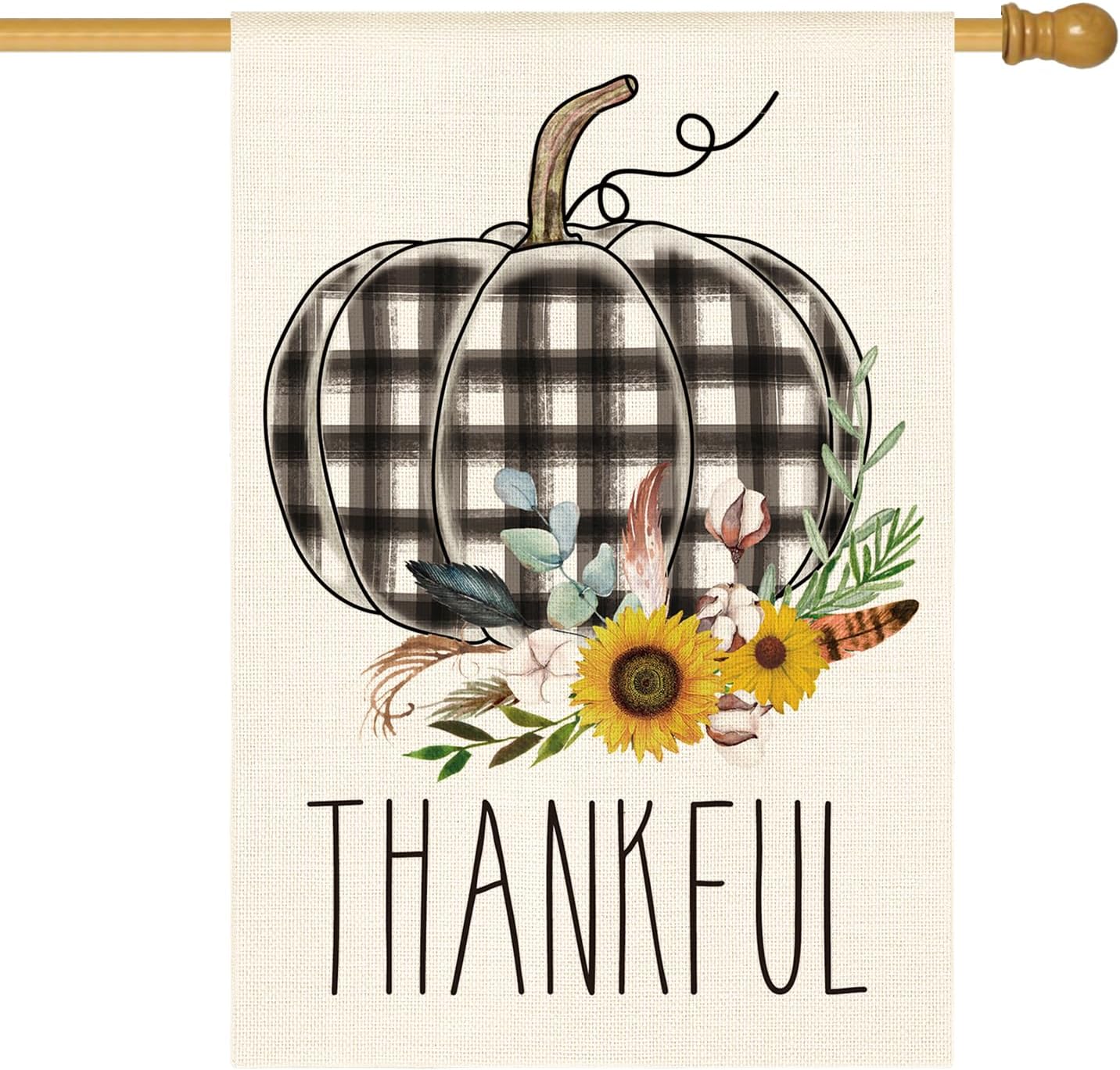 AVOIN colorlife Fall Thanksgiving House Flag 28 x 40 Inch Double Sided, Thankful Watercolor Buffalo Plaid Pumpkin Harvest Rustic Yard Outdoor Decoration