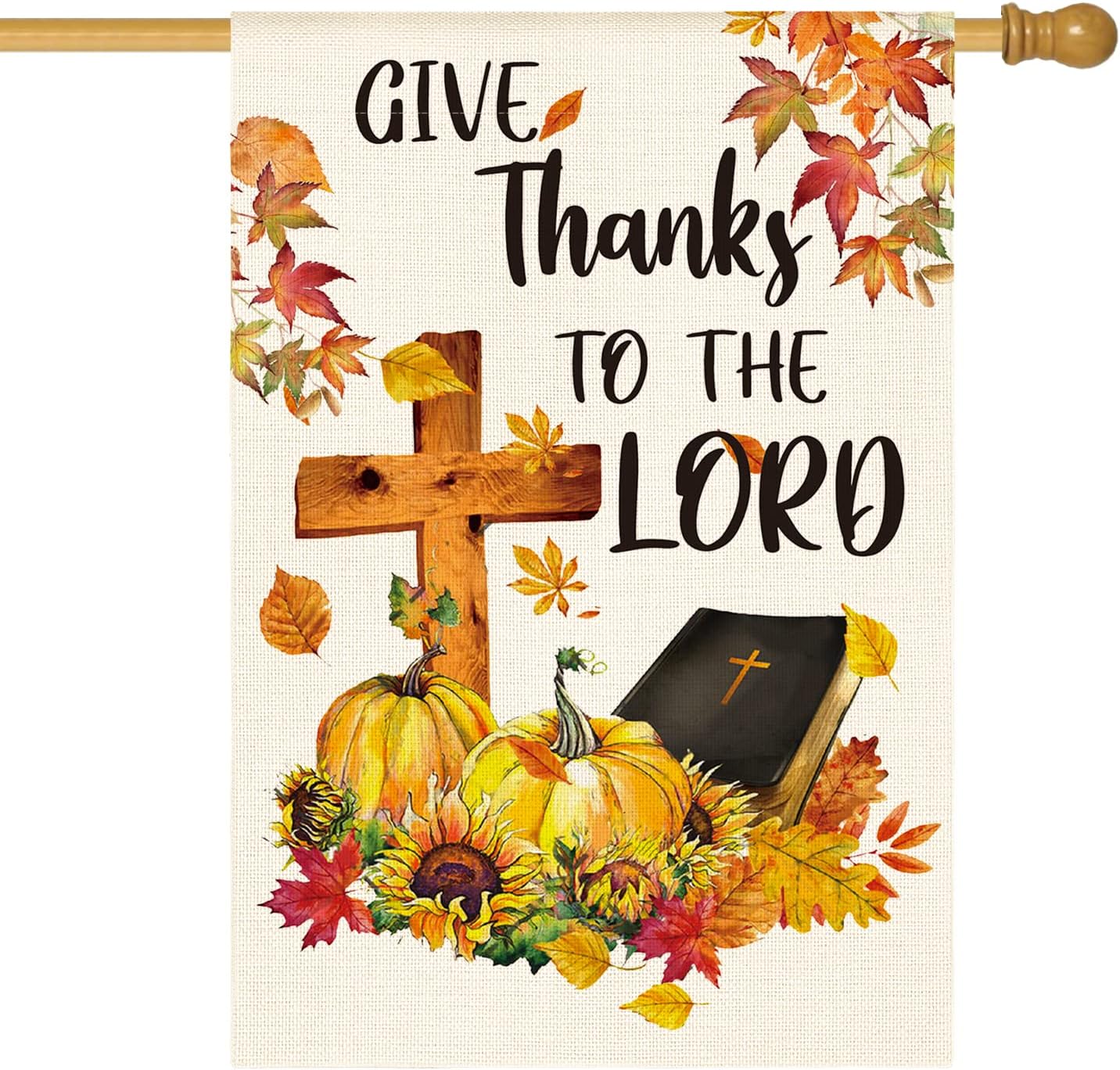 AVOIN colorlife Fall Thanksgiving Give Thanks to The Lord House Flag 28 x 40 Inch Double Sided, Pumpkin Maple Leaf Harvest Holiday Yard Outdoor Decorative Flag