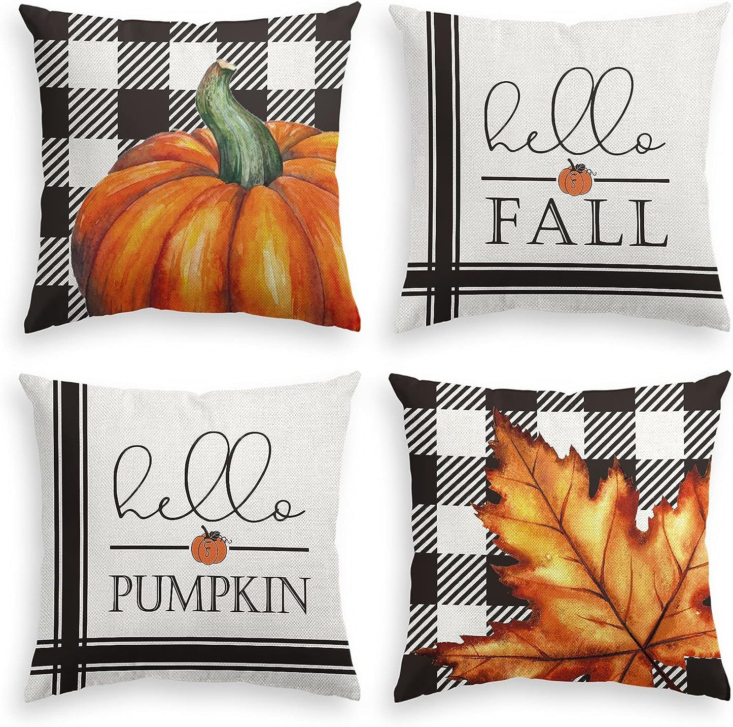 AVOIN colorlife Fall Black and White Buffalo Plaid Check Pumpkin Thanksgiving Throw Pillow Covers, 18 x 18 Inch Autumn Maple Leaf Cushion Case for Sofa Couch Set of 4