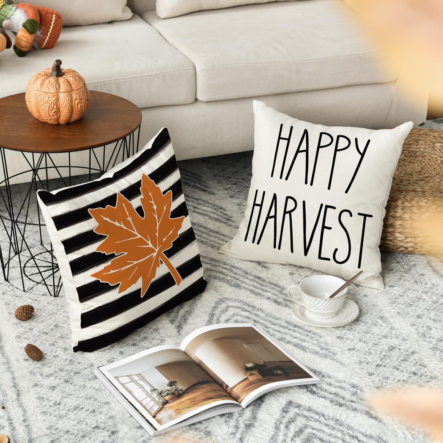 AVOIN colorlife Hello Fall Watercolor Stripes Pumpkin Leaf Throw Pillow Cover Happy Harvest, 18 x 18 Inch Autumn Thanksgiving Farmhouse Cushion Case for Sofa Couch Set of 4