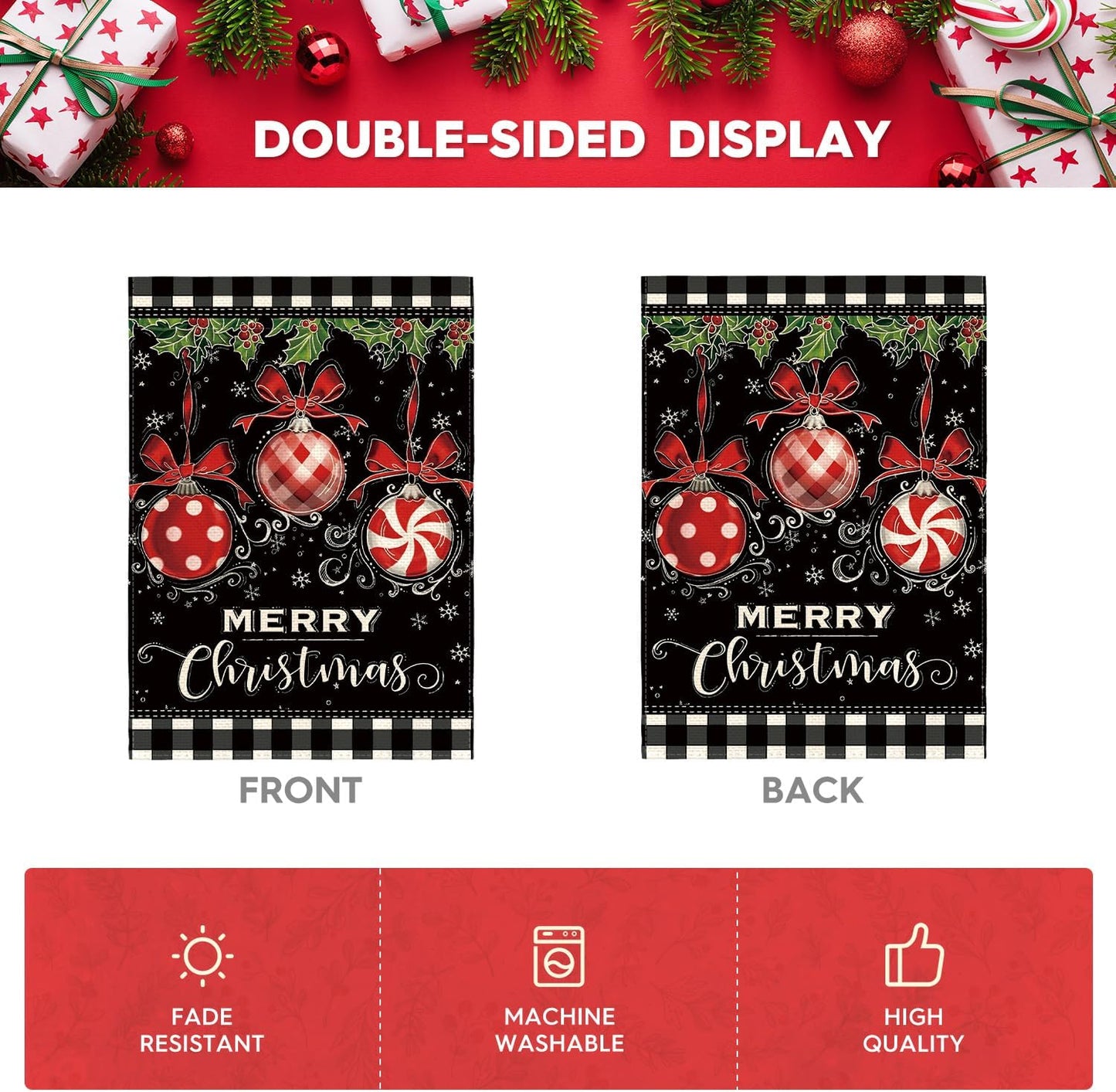 AVOIN colorlife Buffalo Plaid Merry Christmas House Flag 28x40 Inch Double Sided, Ornament Holly Berries Winter Farmhouse Yard Outdoor Decorative Flag