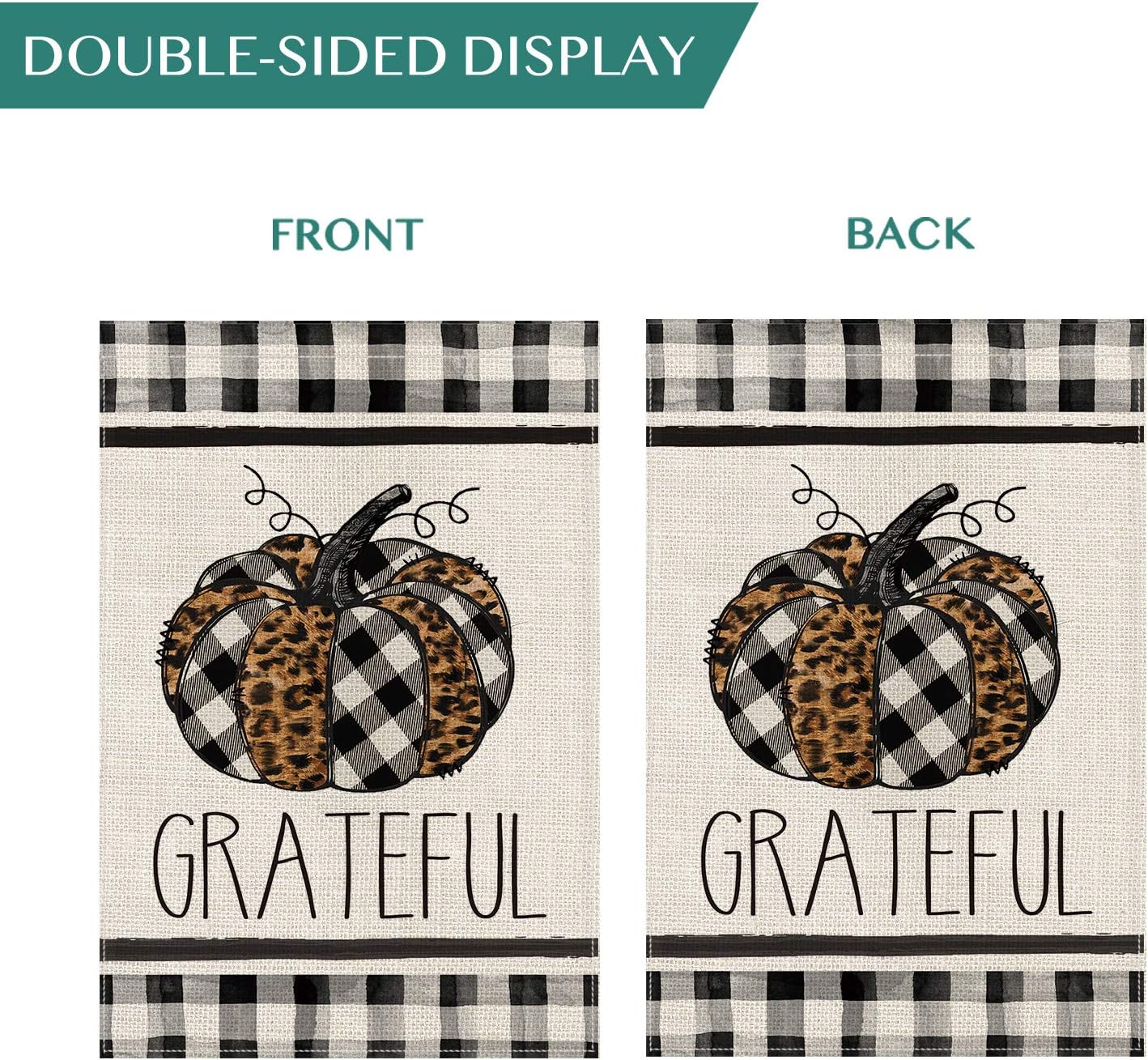 AVOIN Fall Grateful Watercolor Buffalo Check Plaid Leopard Pumpkin Garden Flag Vertical Double Sized, Seasonal Autumn Thanksgiving Yard Outdoor Decoration 12.5 x 18 Inch