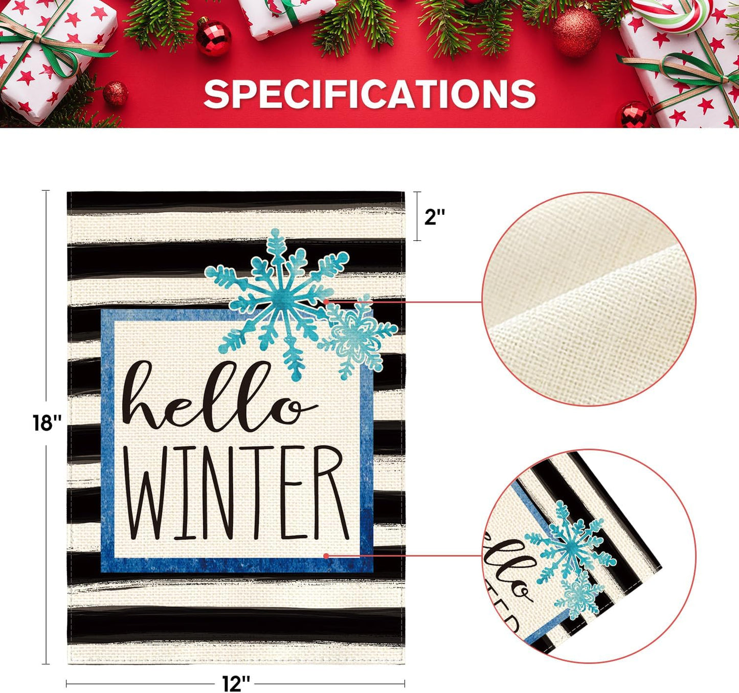 AVOIN Watercolor Stripe Hello Winter Snowflake Garden Flag 12 x 18 Inch Double Sided, Christmas Holiday Party Yard Outdoor Decorative Flag