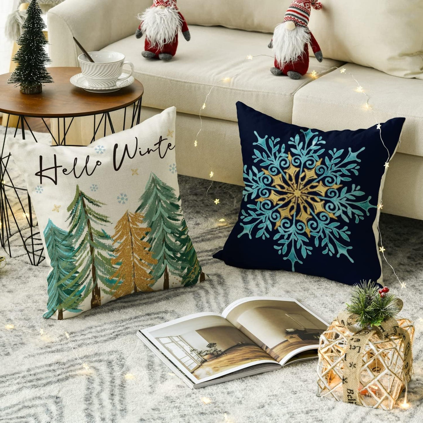 AVOIN colorlife Christmas Merry & Bright Snowflake Tree Ornament Throw Pillow Covers, 18 x 18 Inch Hello Winter Holiday Cushion Case Decoration for Sofa Couch Set of 4