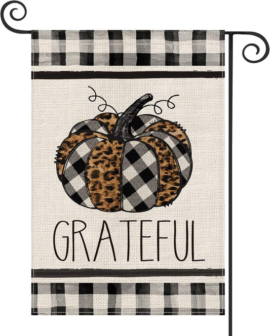 AVOIN Fall Grateful Watercolor Buffalo Check Plaid Leopard Pumpkin Garden Flag Vertical Double Sized, Seasonal Autumn Thanksgiving Yard Outdoor Decoration 12.5 x 18 Inch