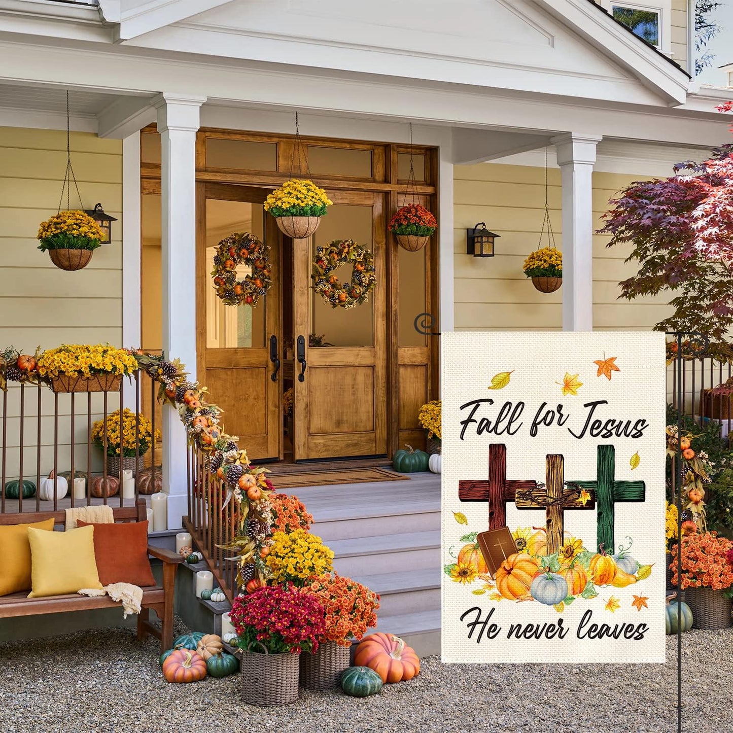 AVOIN colorlife Fall For Jesus He Never leaves Garden Flag 12 x 18 Inch Double Sided Outside, Pumpkin Bible Cross Thanksgiving Holiday Yard Outdoor Decorative Flag