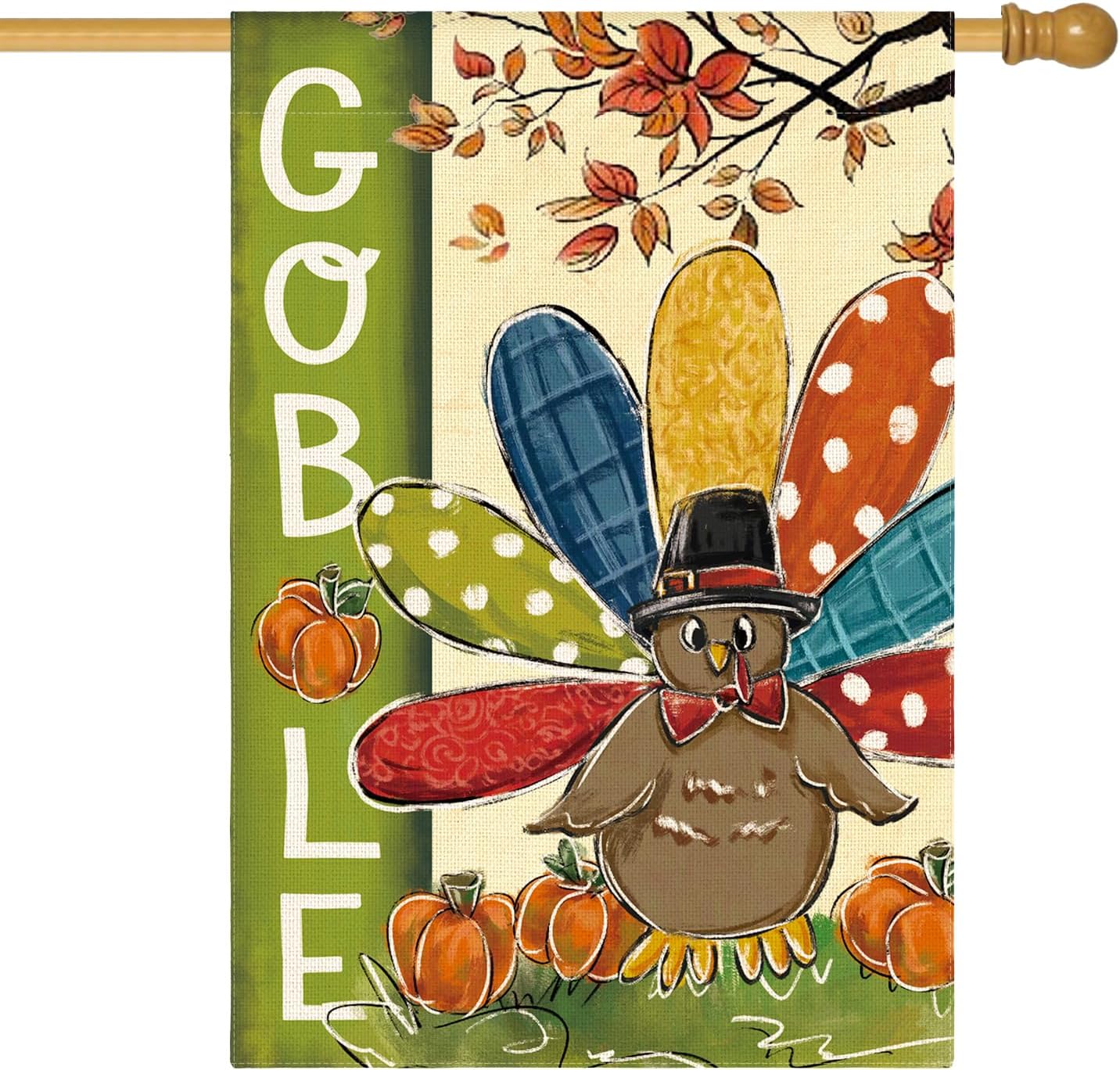 AVOIN colorlife Gobble Turkey Thanksgiving House Flag 28x40 Inch Double Sided, Harvest Holiday Yard Outdoor Decorative Flag