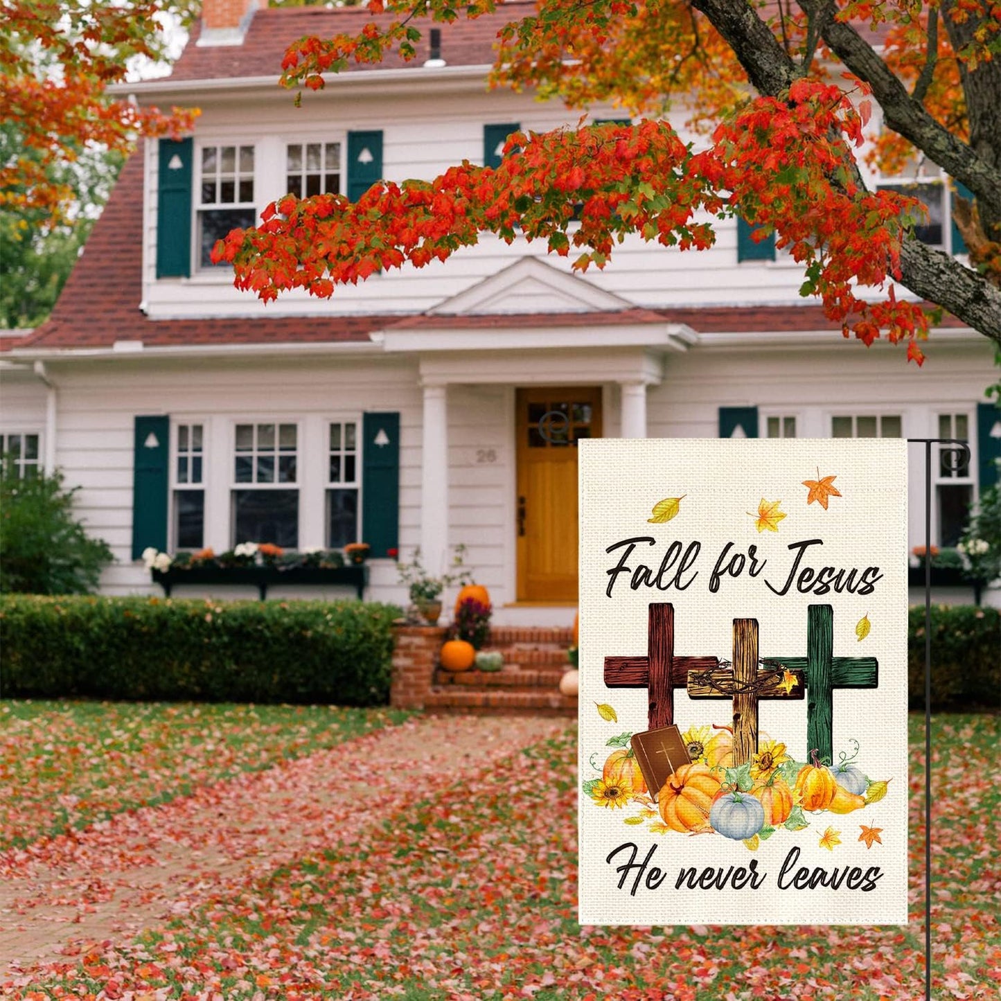 AVOIN colorlife Fall For Jesus He Never leaves Garden Flag 12 x 18 Inch Double Sided Outside, Pumpkin Bible Cross Thanksgiving Holiday Yard Outdoor Decorative Flag