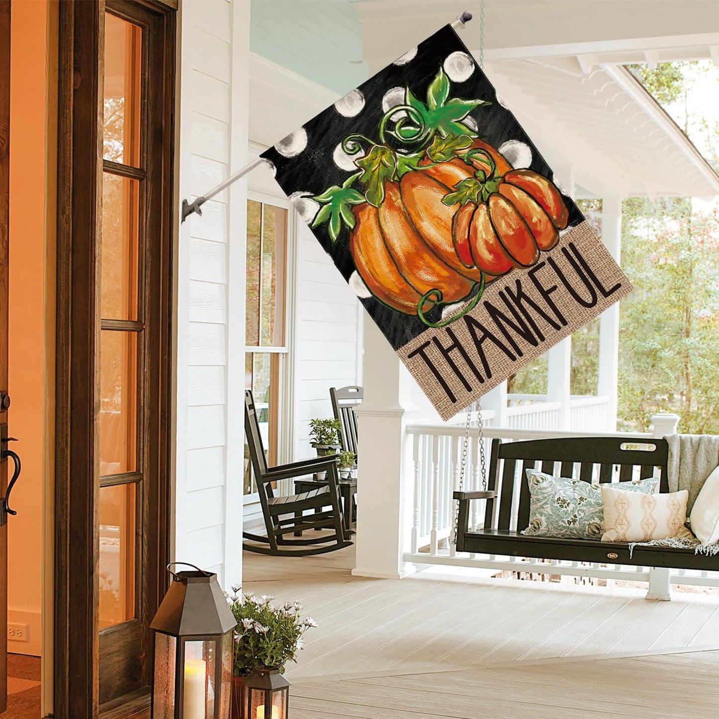 AVOIN colorlife Fall Thankful Thanksgiving Day House Flag 28x40 Inch Double Sided, Pumpkin Polka Dots Harvest Holiday Yard Outdoor Decorative Flag