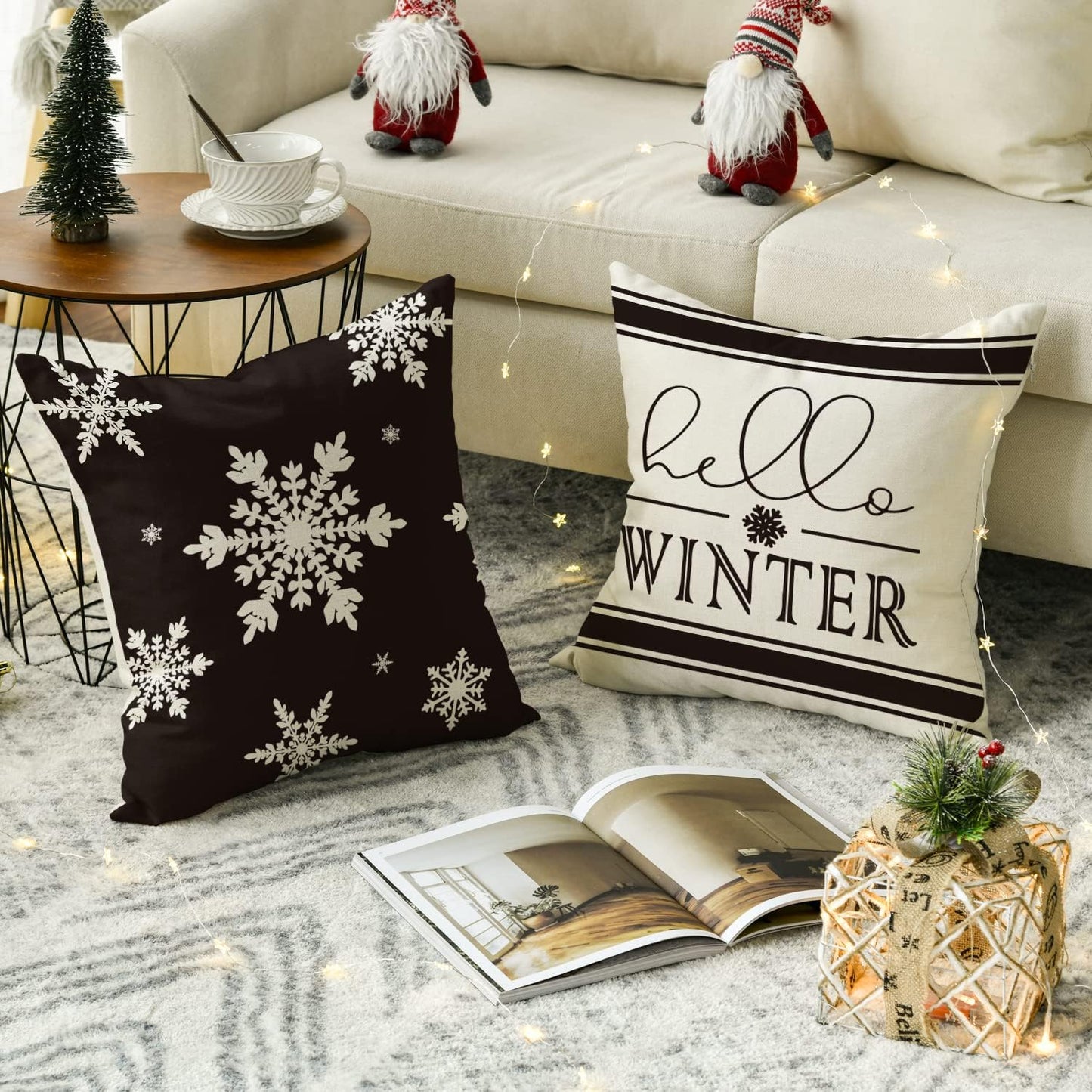 AVOIN colorlife Merry Christmas Hello Winter Buffalo Plaid Snowflake Throw Pillow Cover, 18 x 18 Inch Winter Holiday Cushion Case Decoration for Sofa Couch Set of 4