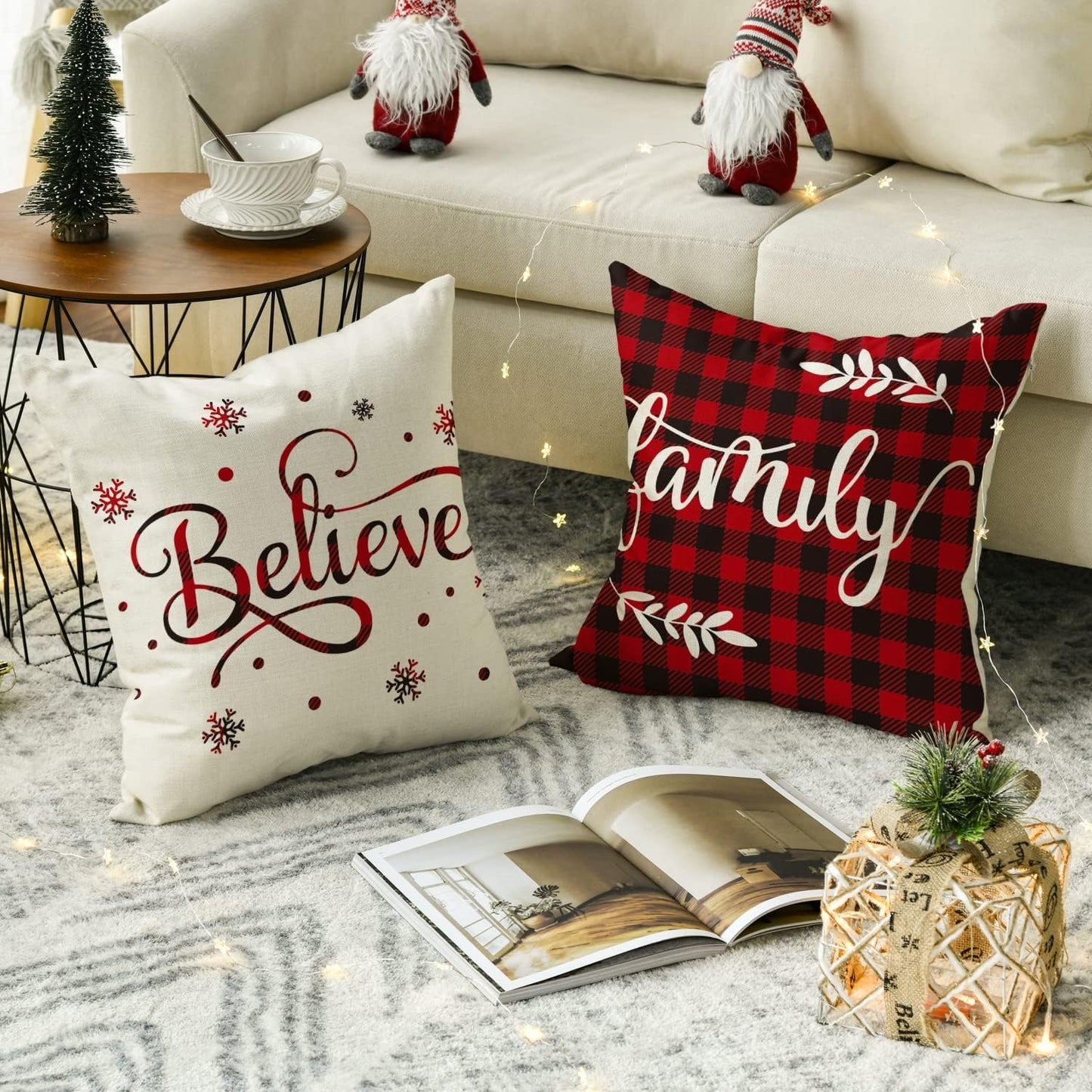 AVOIN Christmas Saying Buffalo Plaid Throw Pillow Cover, 18 x 18 Inch Winter Holiday Farmhouse Cushion Case for Sofa Couch Set of 4