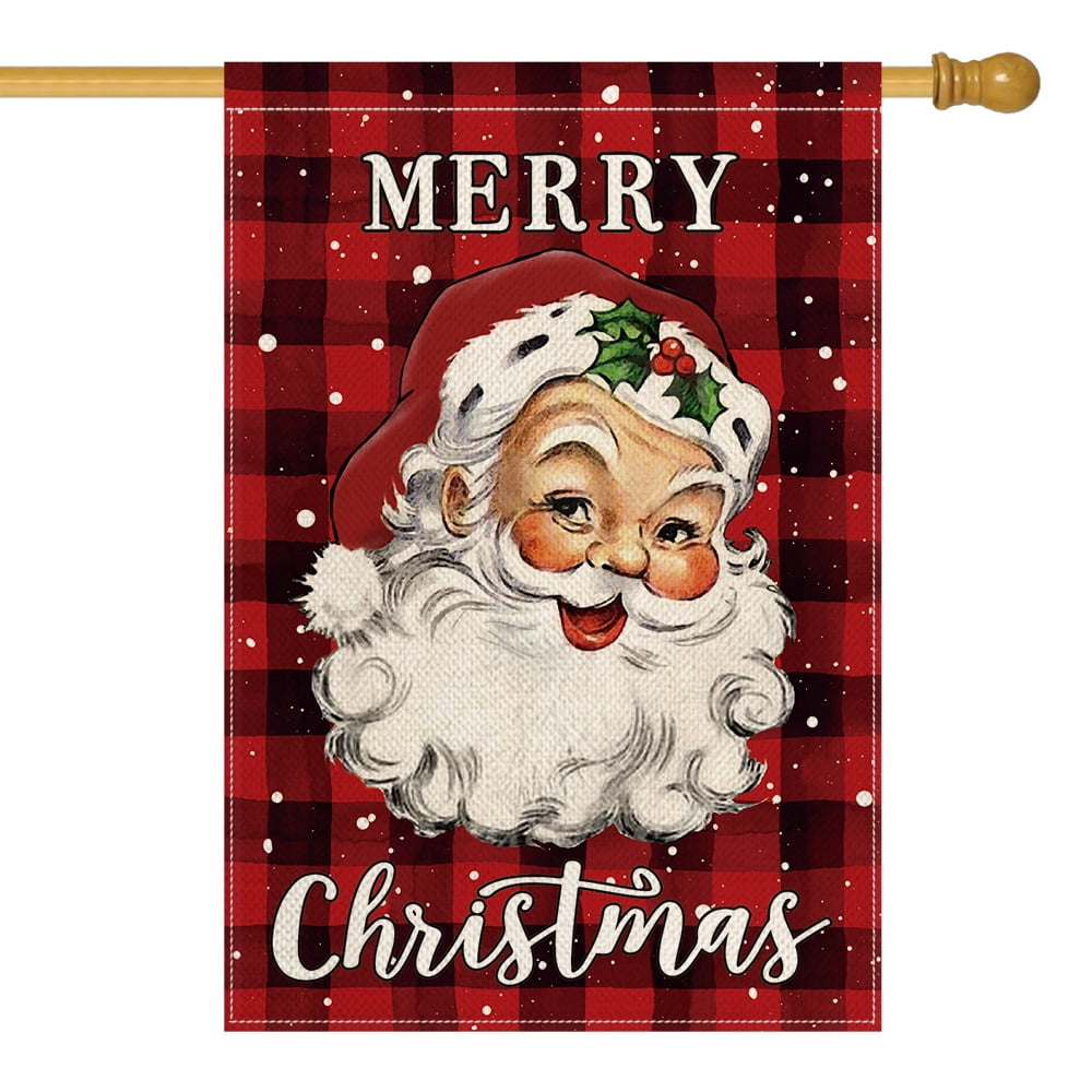 AVOIN colorlife Merry Christmas Santa Claus House Flag 28 x 40 Inch Double Sided, Watercolor Buffalo Plaid Winter Holiday Yard Outdoor Decorative Flag